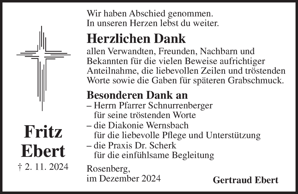  Traueranzeige für Fritz Ebert vom 05.12.2024 aus Ansbach