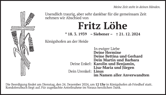 Traueranzeige von Fritz Löhe von Dinkelsbühl/ Feuchtwangen