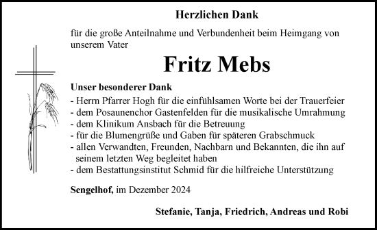 Traueranzeige von Fritz Mebs von Rothenburg