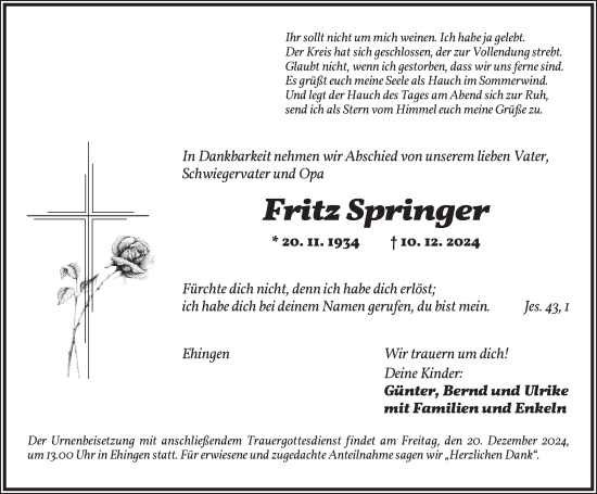 Traueranzeige von Fritz Springer von Dinkelsbühl/ Feuchtwangen