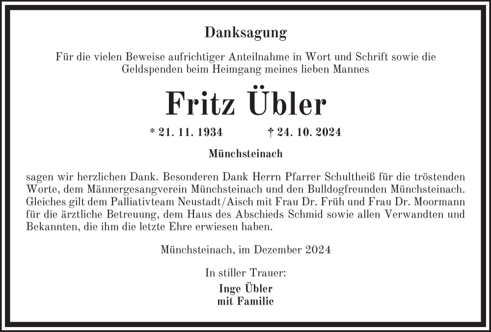  Traueranzeige für Fritz Übler vom 07.12.2024 aus Neustadt/ Scheinfeld/ Uffenheim