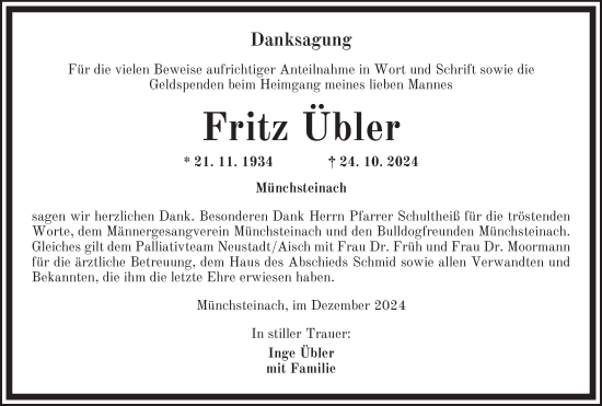 Traueranzeige von Fritz Übler von Neustadt/ Scheinfeld/ Uffenheim