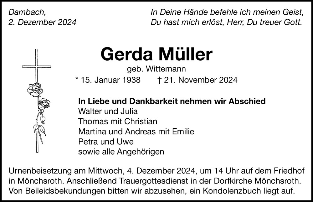  Traueranzeige für Gerda Müller vom 02.12.2024 aus Dinkelsbühl/ Feuchtwangen