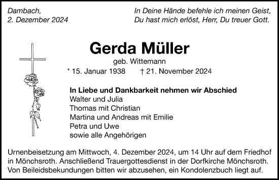 Traueranzeige von Gerda Müller von Dinkelsbühl/ Feuchtwangen