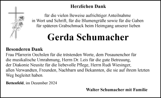 Traueranzeige von Gerda Schumacher von Rothenburg