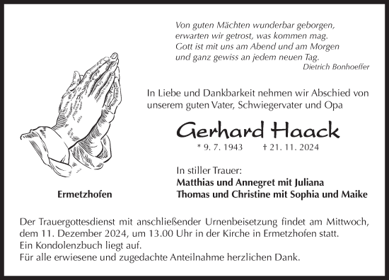 Traueranzeige von Gerhard Haack von Neustadt/ Scheinfeld/ Uffenheim