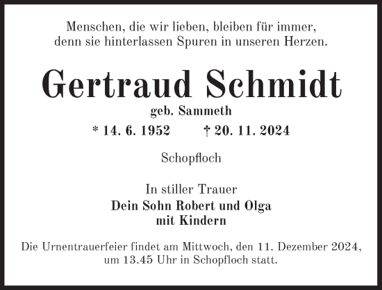 Traueranzeige von Gertraud Schmidt von Dinkelsbühl/ Feuchtwangen