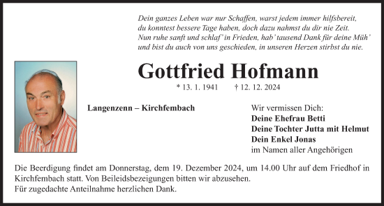 Traueranzeige von Gottfried Hofmann von Neustadt/ Scheinfeld/ Uffenheim