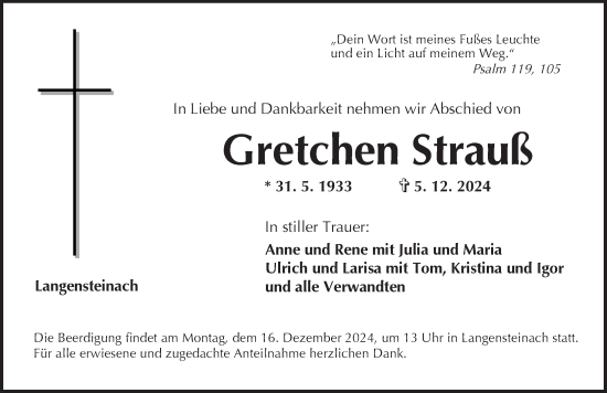 Traueranzeige von Gretchen Strauß von Neustadt/ Scheinfeld/ Uffenheim