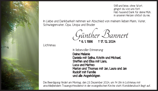 Traueranzeige von Günther Bannert von Ansbach