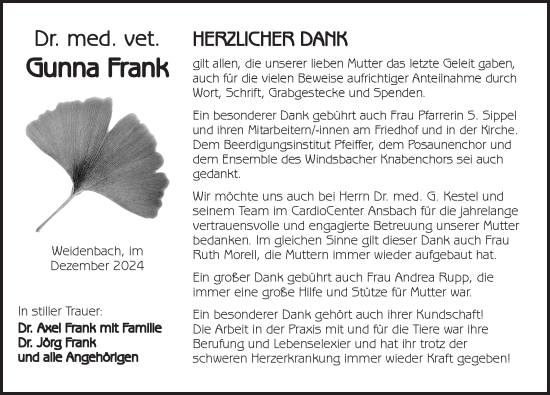 Traueranzeige von Gunna Frank von Ansbach