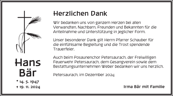 Traueranzeige von Hans Bär von Ansbach