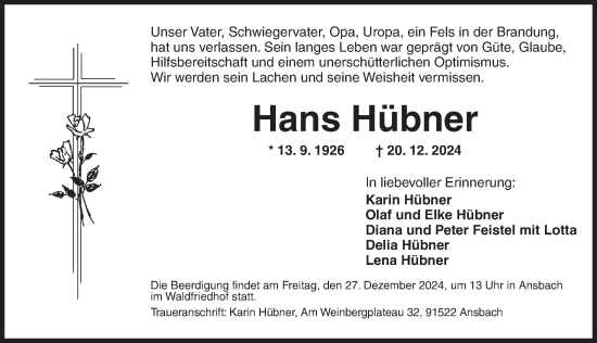 Traueranzeige von Hans Hübner von Ansbach