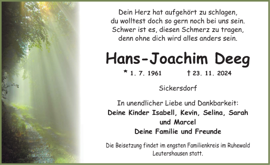 Traueranzeige von Hans-Joachim Deeg von Ansbach