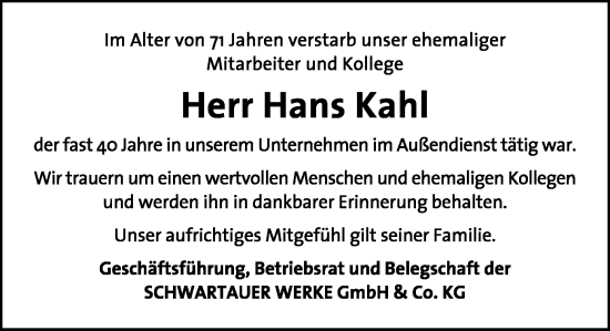 Traueranzeige von Hans Kahl von GE