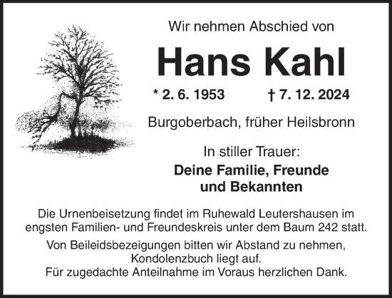 Traueranzeige von Hans Kahl von Ansbach