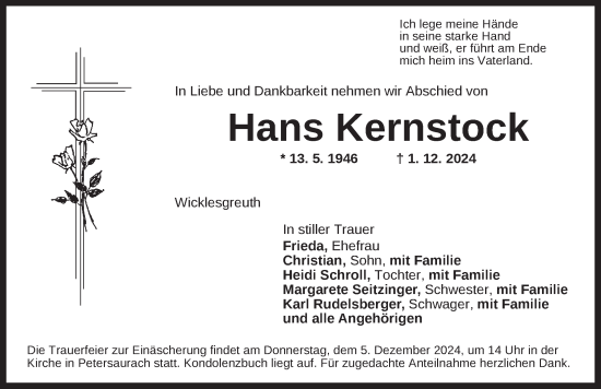 Traueranzeige von Hans Kernstock von Ansbach