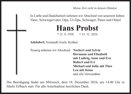 Traueranzeige von Hans Probst von Neustadt/ Scheinfeld/ Uffenheim