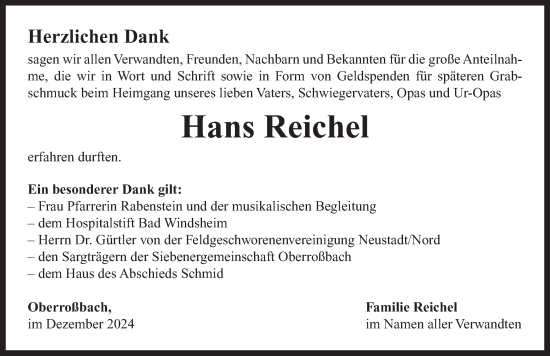 Traueranzeige von Hans Reichel von Neustadt/ Scheinfeld/ Uffenheim