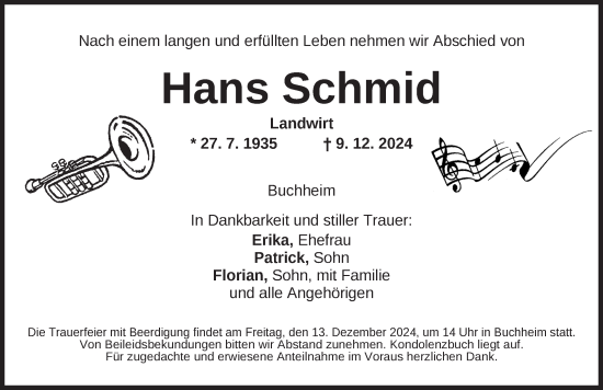 Traueranzeige von Hans Schmid von Neustadt/ Scheinfeld/ Uffenheim