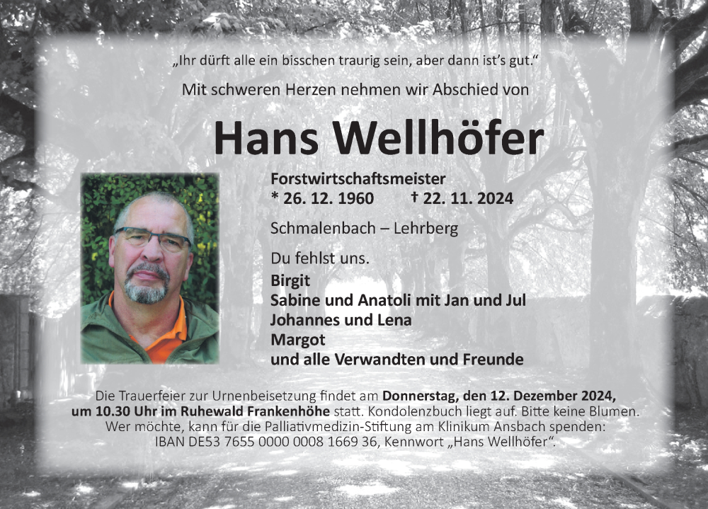  Traueranzeige für Hans Wellhöfer vom 07.12.2024 aus Ansbach