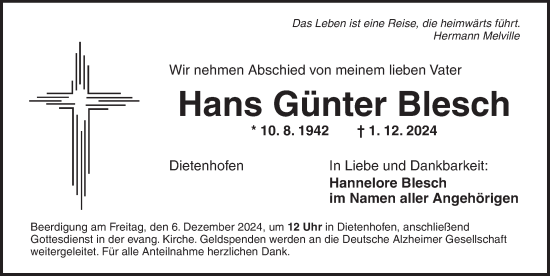 Traueranzeige von Hans Günter Blesch von Ansbach