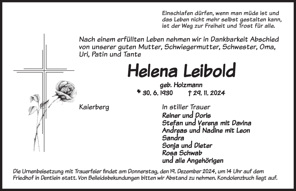  Traueranzeige für Helena Leibold vom 17.12.2024 aus Dinkelsbühl/ Feuchtwangen