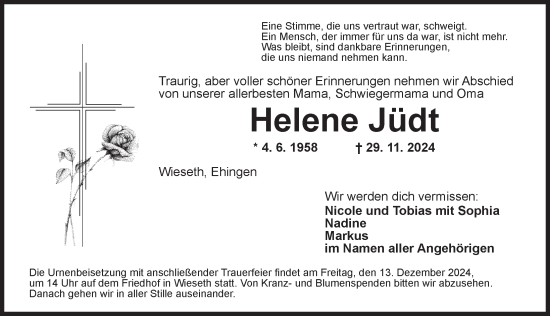 Traueranzeige von Helene Jüdt von Dinkelsbühl/ Feuchtwangen