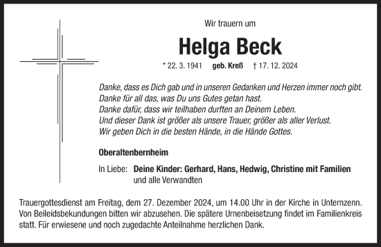 Traueranzeige von Helga Beck von Neustadt/ Scheinfeld/ Uffenheim