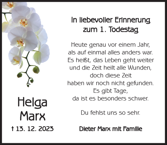 Traueranzeige von Helga Marx von Ansbach