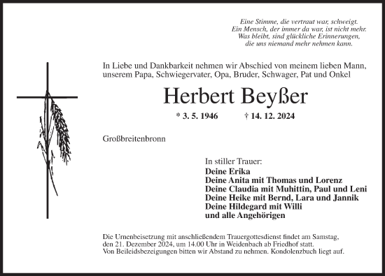 Traueranzeige von Herbert Beyßer von Ansbach