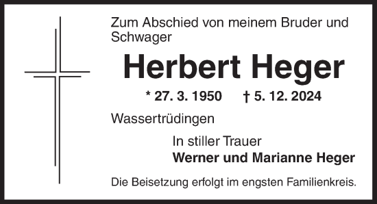 Traueranzeige von Herbert Heger von Dinkelsbühl/ Feuchtwangen