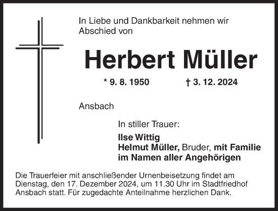 Traueranzeige von Herbert Müller von Ansbach