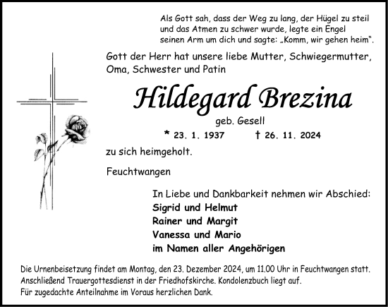 Traueranzeige von HHildeggaarrd Brezina von Dinkelsbühl/ Feuchtwangen