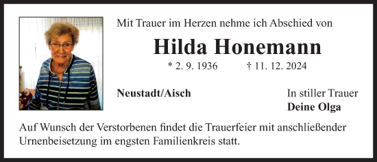 Traueranzeige von Hilda Honemann von Neustadt/ Scheinfeld/ Uffenheim