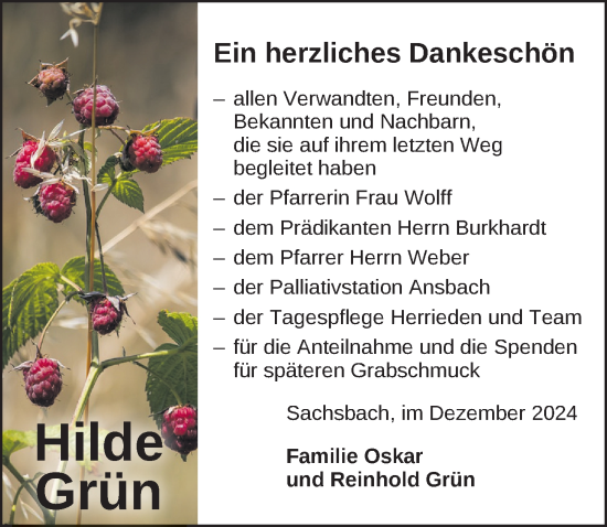 Traueranzeige von Hilde Grün von Dinkelsbühl/ Feuchtwangen