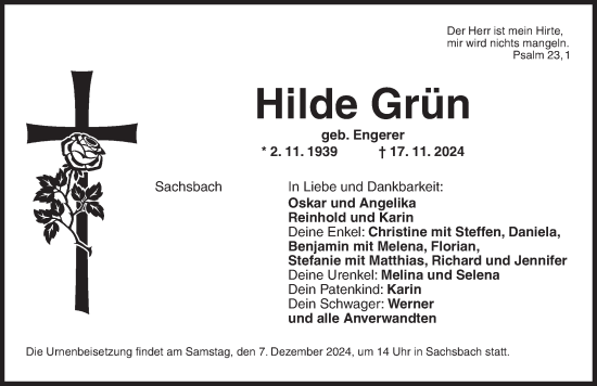 Traueranzeige von Hilde Grün von Dinkelsbühl/ Feuchtwangen