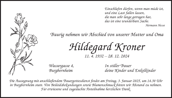 Traueranzeige von Hildegard Kroner von GE