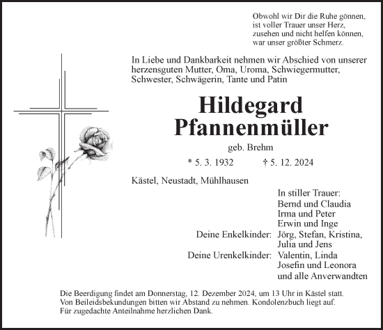 Traueranzeige von Hildegard Pfannenmüller von Neustadt/ Scheinfeld/ Uffenheim