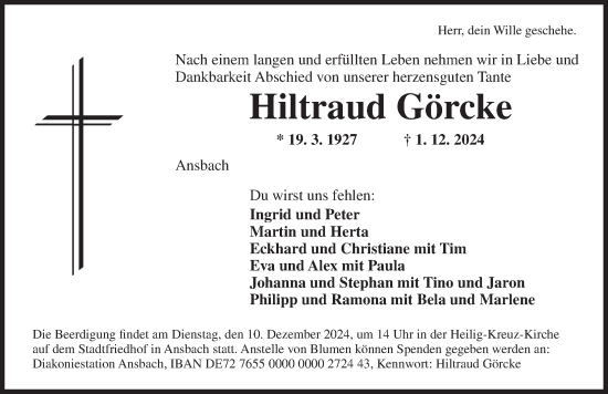 Traueranzeige von Hiltraud Görcke von Ansbach