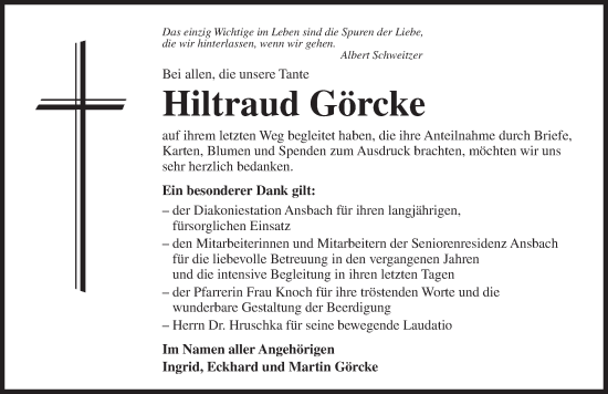 Traueranzeige von Hiltraud Görcke von Ansbach