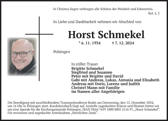 Traueranzeige von Horst Schmekel von Dinkelsbühl/ Feuchtwangen