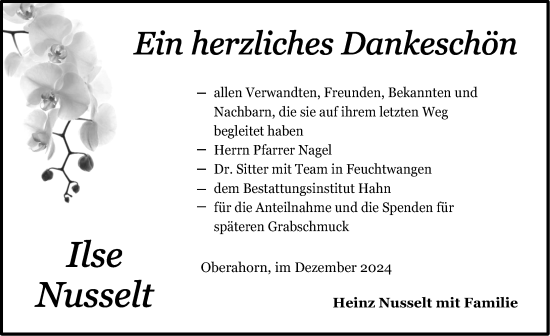 Traueranzeige von Ilse Nusselt von Dinkelsbühl/ Feuchtwangen