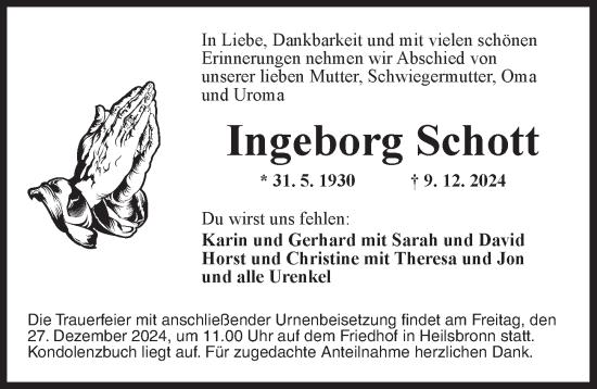 Traueranzeige von Ingeborg Schott von Ansbach