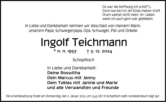 Traueranzeige von Ingolf Teichmann von Dinkelsbühl/ Feuchtwangen