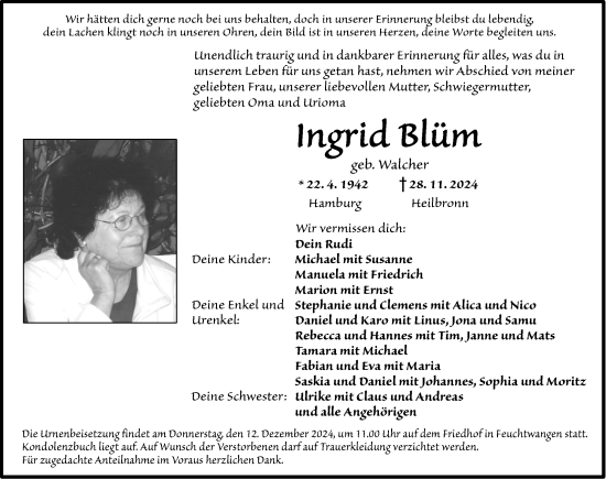 Traueranzeige von Ingrid Blüm von Dinkelsbühl/ Feuchtwangen