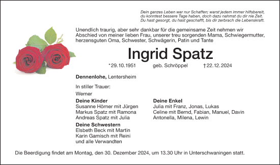 Traueranzeige von Ingrid Spatz von Dinkelsbühl/ Feuchtwangen