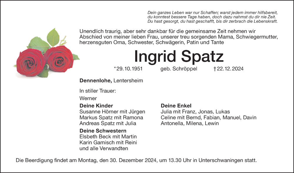  Traueranzeige für Ingrid Spatz vom 28.12.2024 aus Dinkelsbühl/ Feuchtwangen