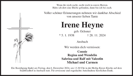 Traueranzeige von Irene Heyne von Ansbach