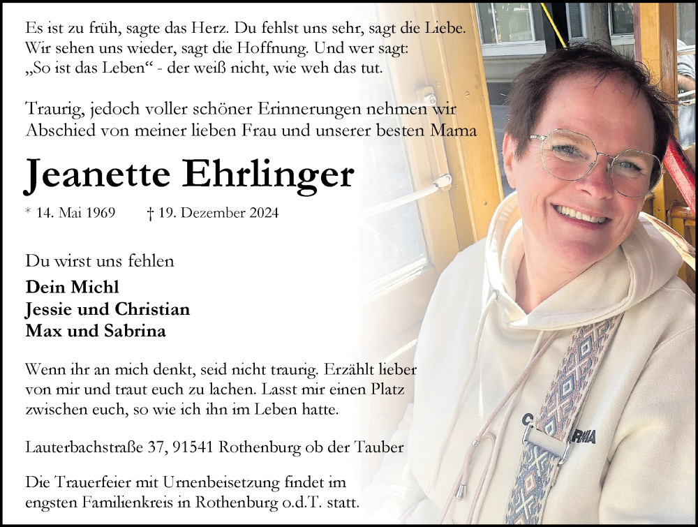  Traueranzeige für Jeanette Ehrlinger vom 28.12.2024 aus Rothenburg